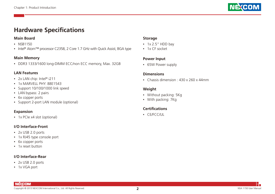 Hardware specifications | NEXCOM NSA 1150 User Manual | Page 16 / 61