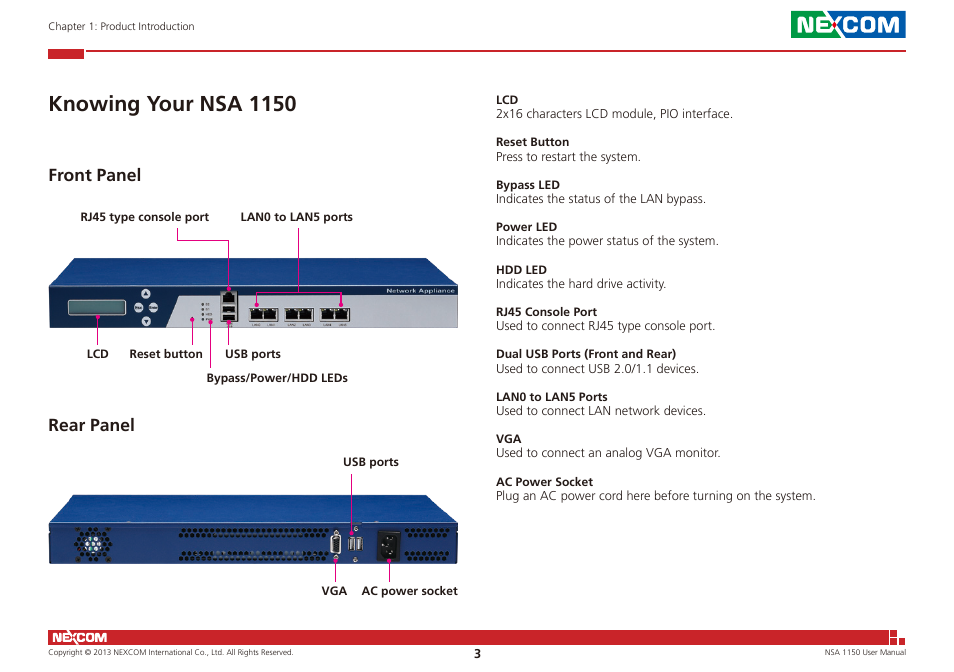 Knowing your nsa 1150, Front panel rear panel | NEXCOM NSA 1150 User Manual | Page 17 / 61