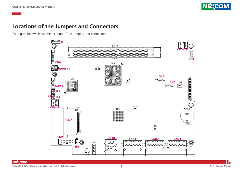 Locations of the jumpers and connectors, Chapter 2: jumpers and connectors | NEXCOM NSA 1150 User Manual | Page 20 / 61