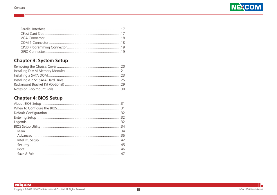 Chapter 3: system setup, Chapter 4: bios setup | NEXCOM NSA 1150 User Manual | Page 3 / 61