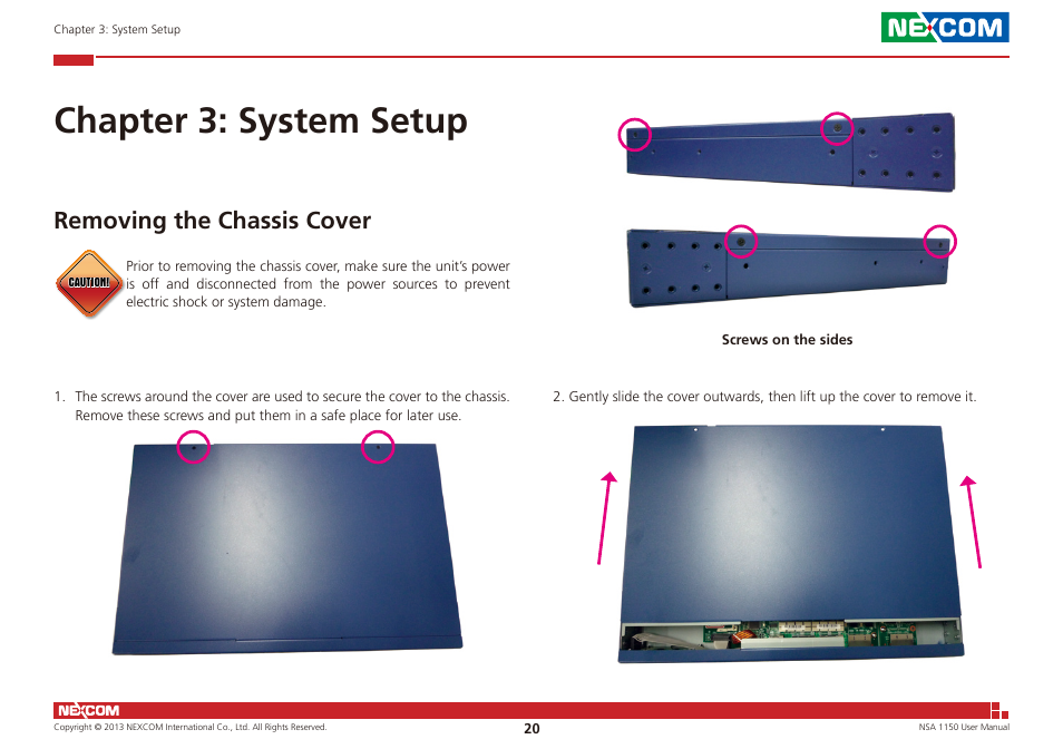 Chapter 3: system setup, Removing the chassis cover | NEXCOM NSA 1150 User Manual | Page 34 / 61