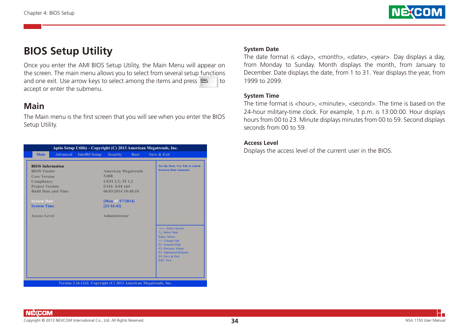 Bios setup utility, Main | NEXCOM NSA 1150 User Manual | Page 48 / 61