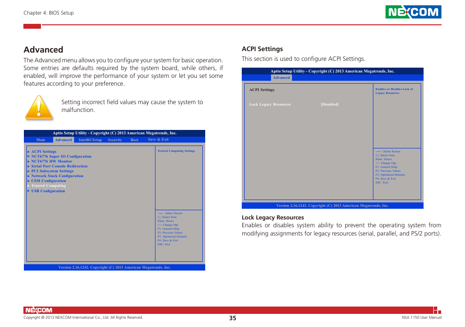 Advanced, Acpi settings | NEXCOM NSA 1150 User Manual | Page 49 / 61