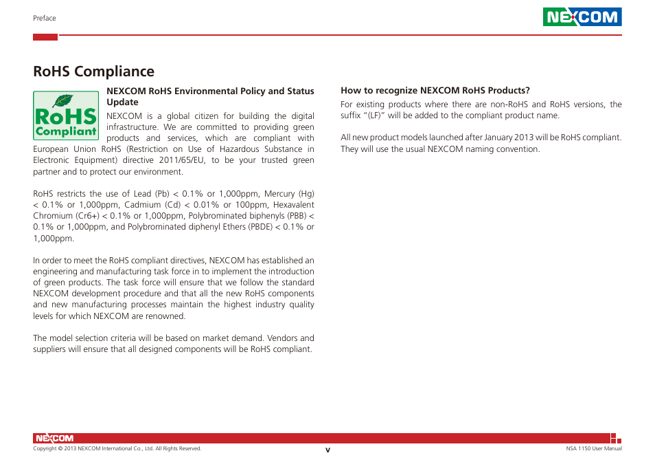 Rohs compliance | NEXCOM NSA 1150 User Manual | Page 5 / 61