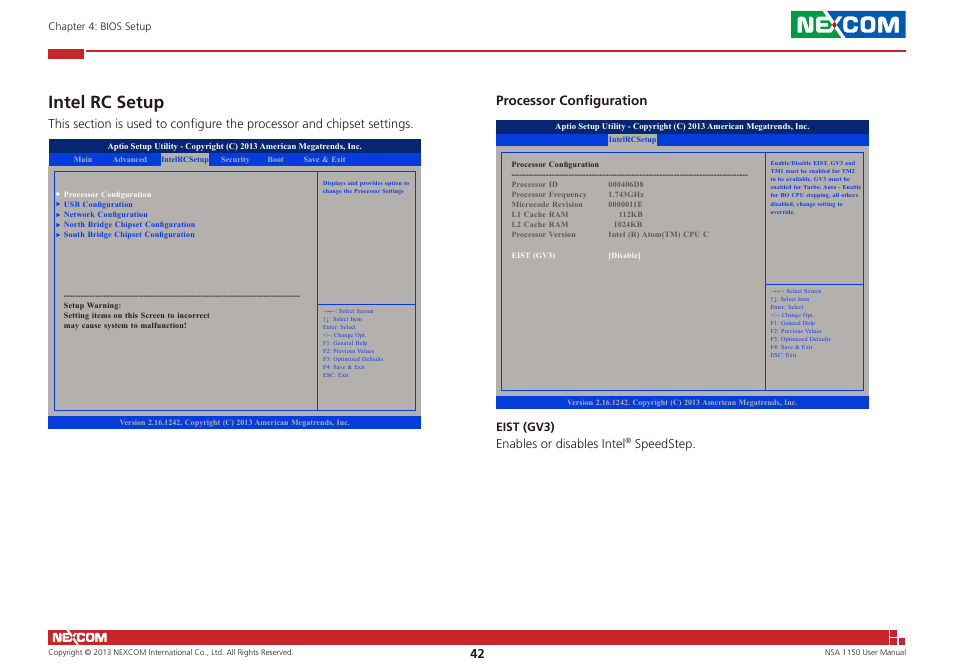 Intel rc setup, Processor configuration, Eist (gv3) enables or disables intel | Speedstep | NEXCOM NSA 1150 User Manual | Page 56 / 61