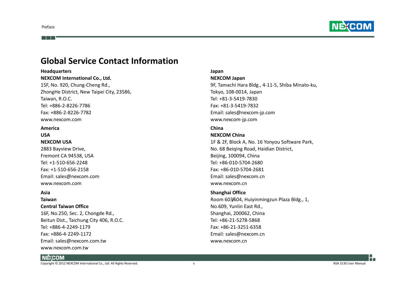 Global service contact information | NEXCOM NSA 3130 User Manual | Page 10 / 96