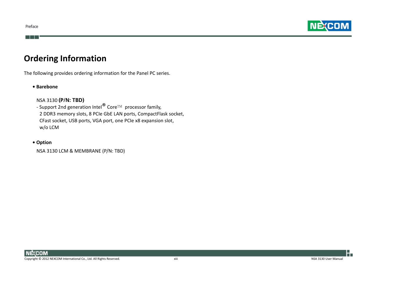 Ordering information | NEXCOM NSA 3130 User Manual | Page 13 / 96
