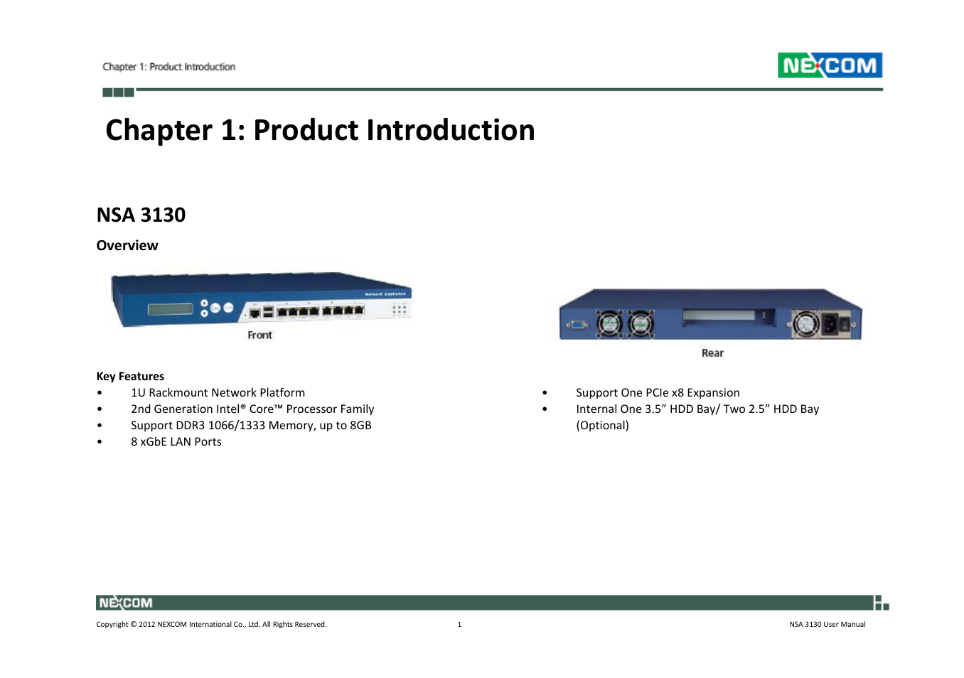 Chapter 1: product introduction, Nsa 3130 | NEXCOM NSA 3130 User Manual | Page 14 / 96
