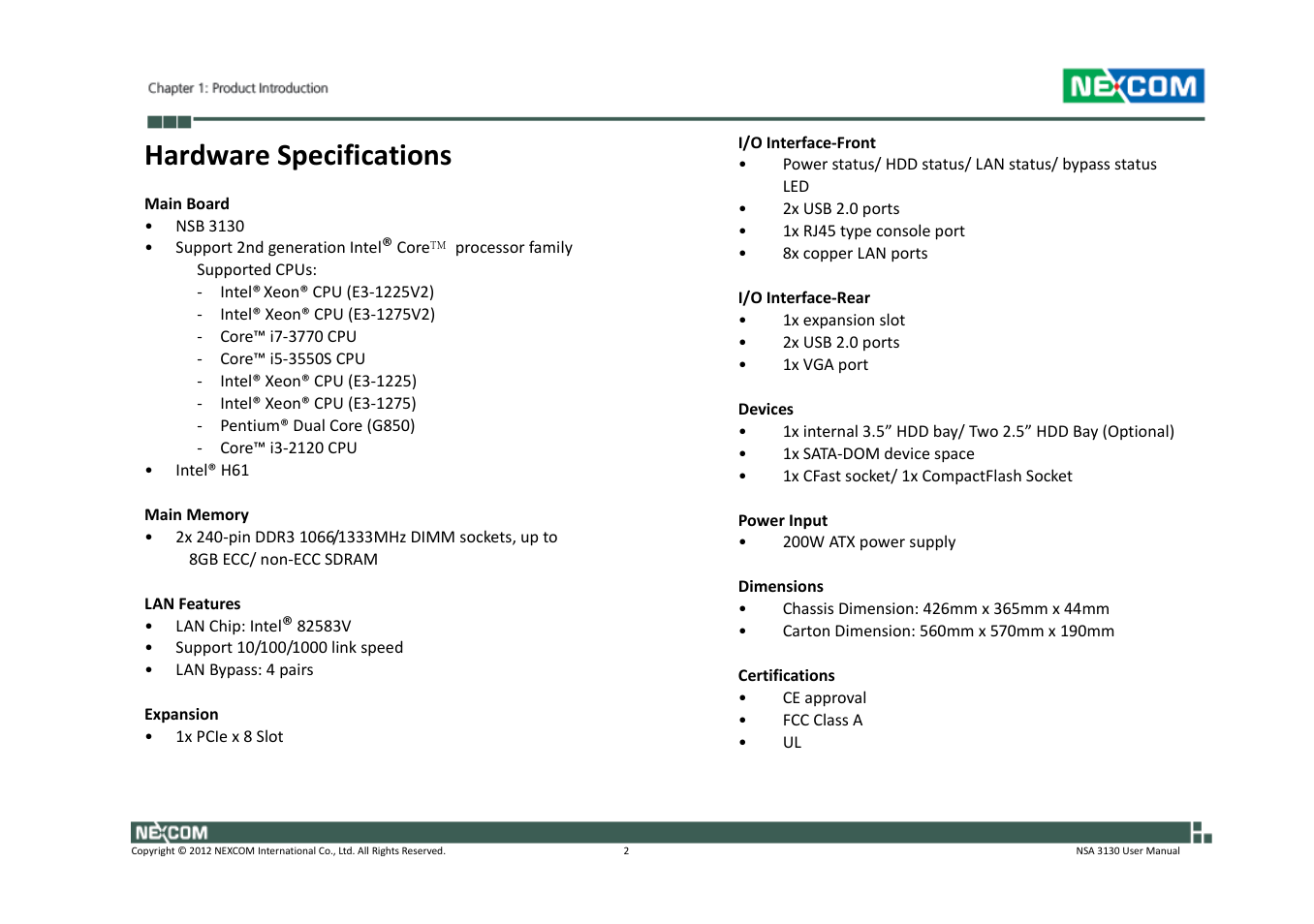 Hardware specifications | NEXCOM NSA 3130 User Manual | Page 15 / 96