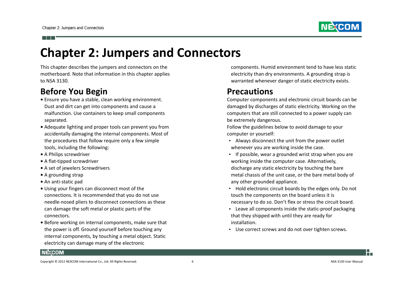 Chapter 2: jumpers and connectors, Before you begin, Precautions | NEXCOM NSA 3130 User Manual | Page 19 / 96