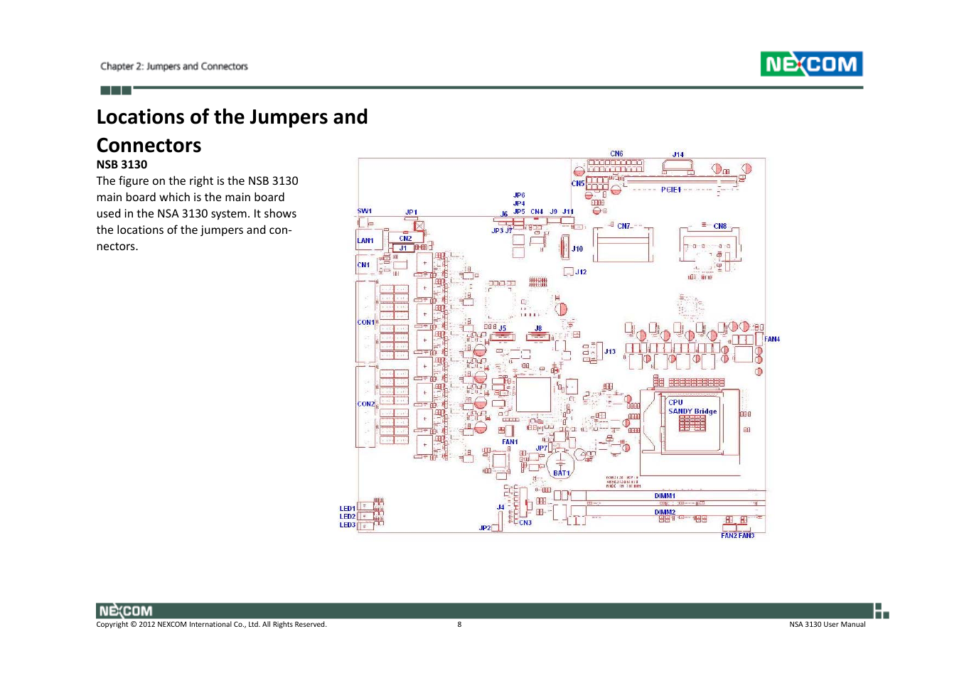 Locations of the jumpers and connectors | NEXCOM NSA 3130 User Manual | Page 21 / 96