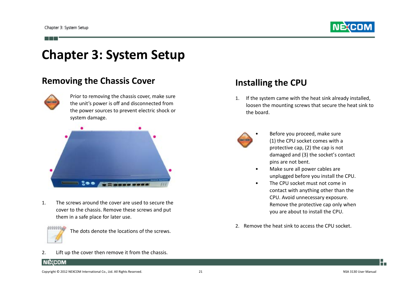 Chapter 3: system setup, Removing the chassis cover, Installing the cpu | NEXCOM NSA 3130 User Manual | Page 34 / 96