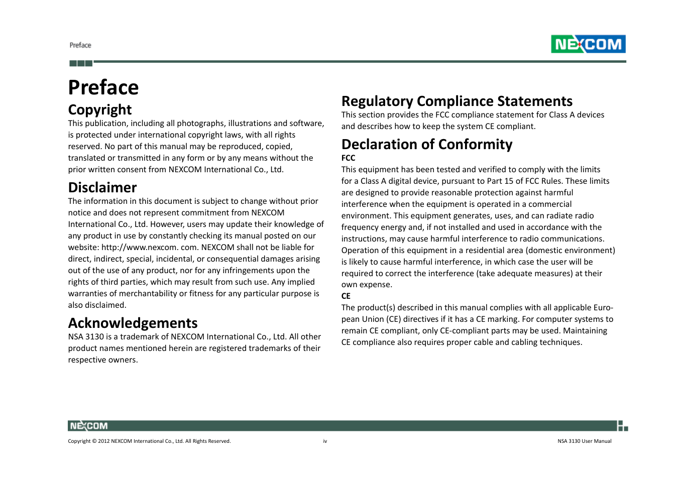 Preface, Copyright, Disclaimer | Acknowledgements, Regulatory compliance statements, Declaration of conformity | NEXCOM NSA 3130 User Manual | Page 4 / 96