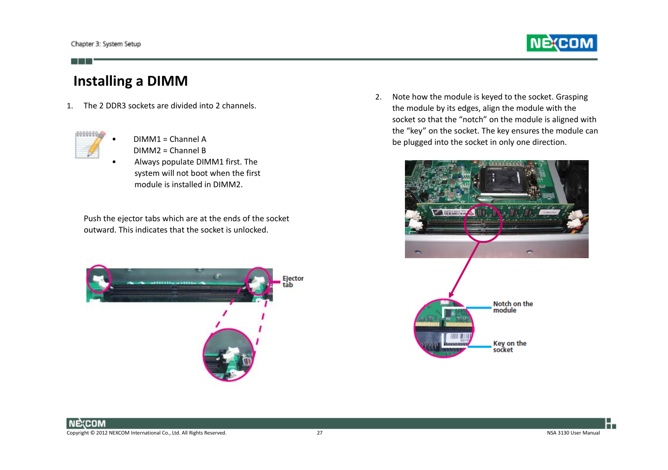 Installing a dimm | NEXCOM NSA 3130 User Manual | Page 40 / 96