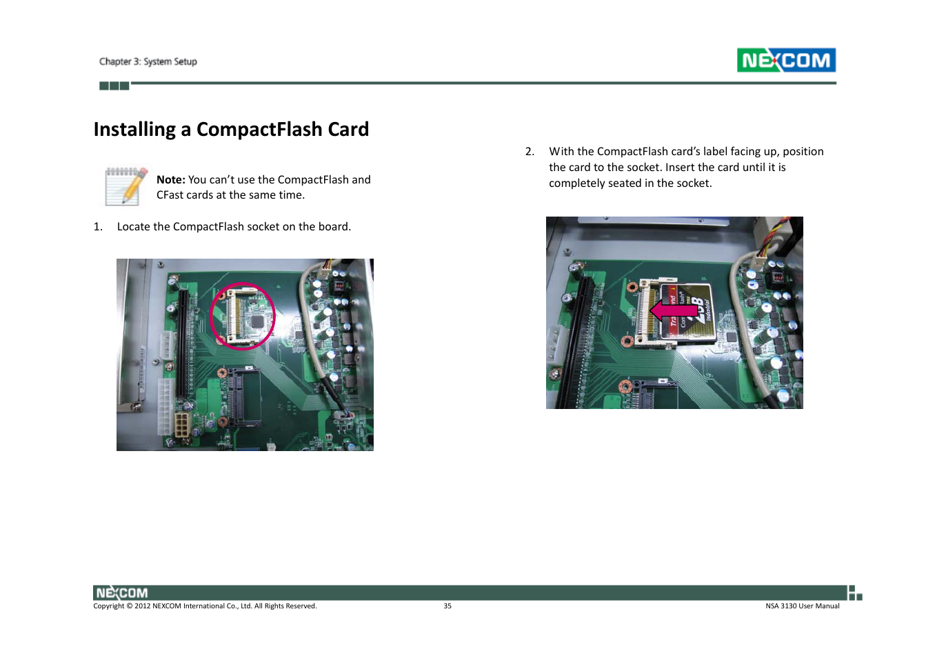 Installing a compactflash card | NEXCOM NSA 3130 User Manual | Page 48 / 96