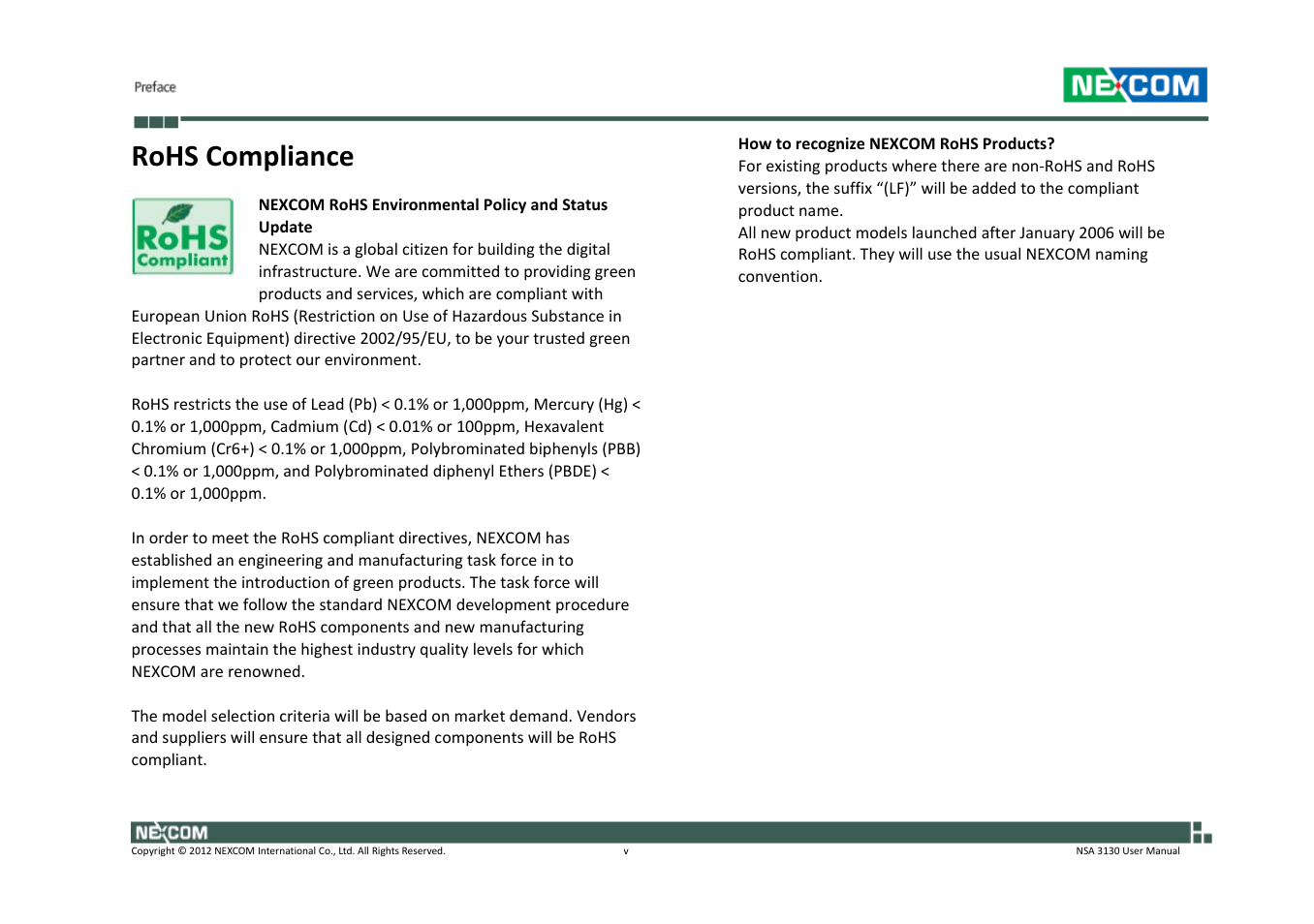 Rohs compliance | NEXCOM NSA 3130 User Manual | Page 5 / 96