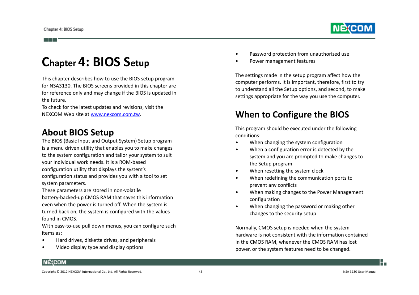 Bios s, Hapter, Etup | About bios setup, When to configure the bios | NEXCOM NSA 3130 User Manual | Page 56 / 96