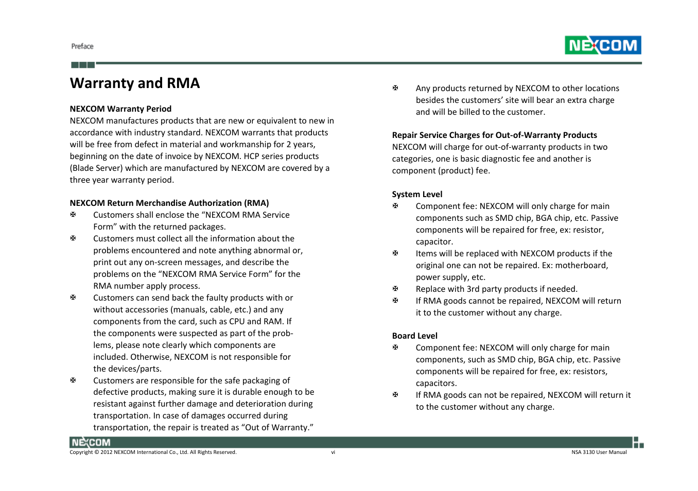 Warranty and rma | NEXCOM NSA 3130 User Manual | Page 6 / 96