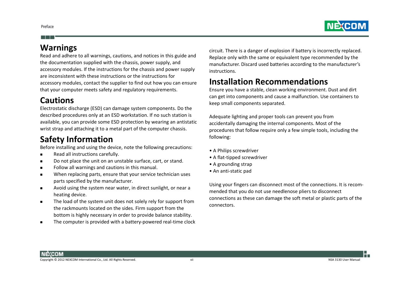 Warnings, Cautions, Safety information | Installation recommendations | NEXCOM NSA 3130 User Manual | Page 7 / 96