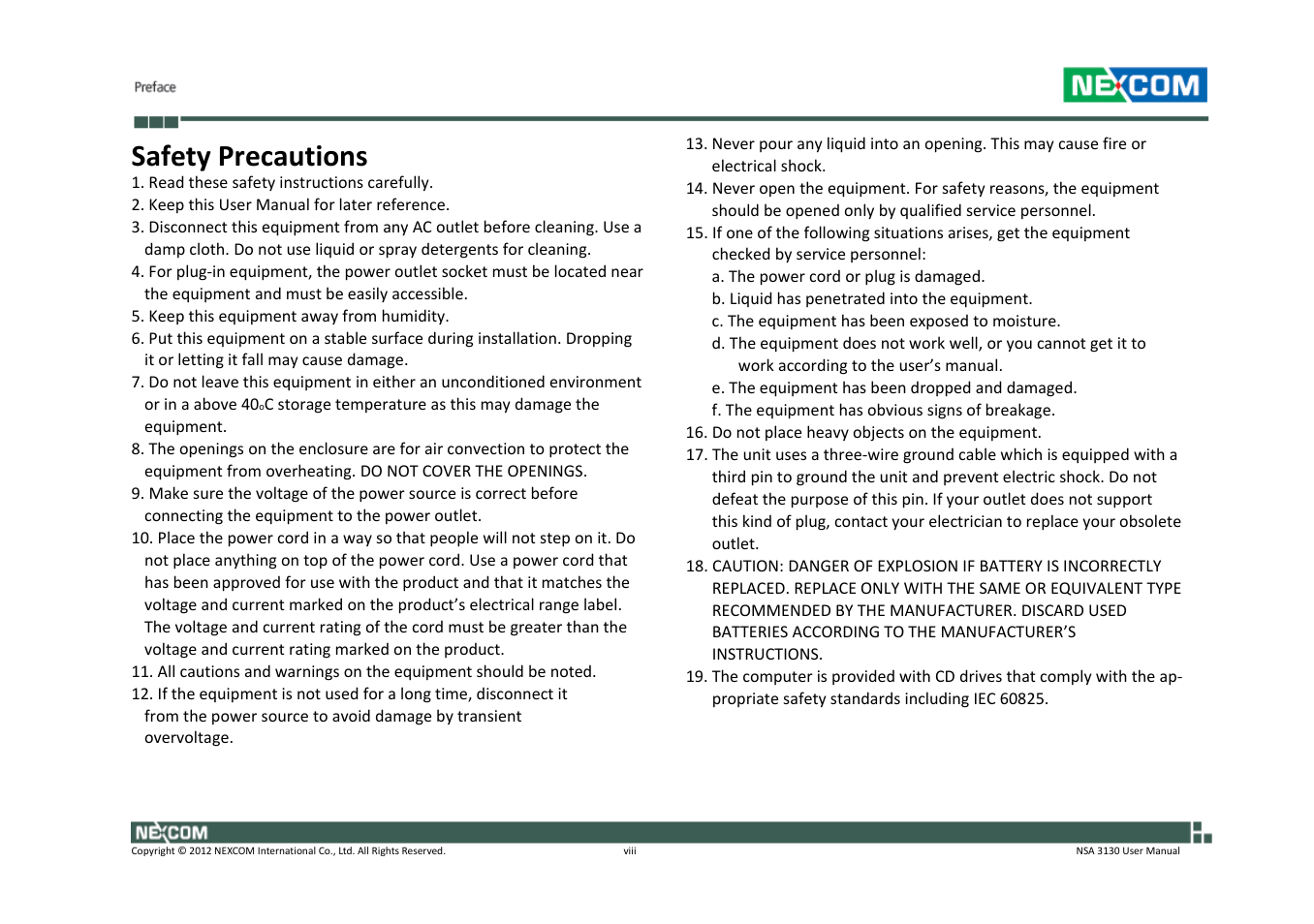 Safety precautions | NEXCOM NSA 3130 User Manual | Page 8 / 96