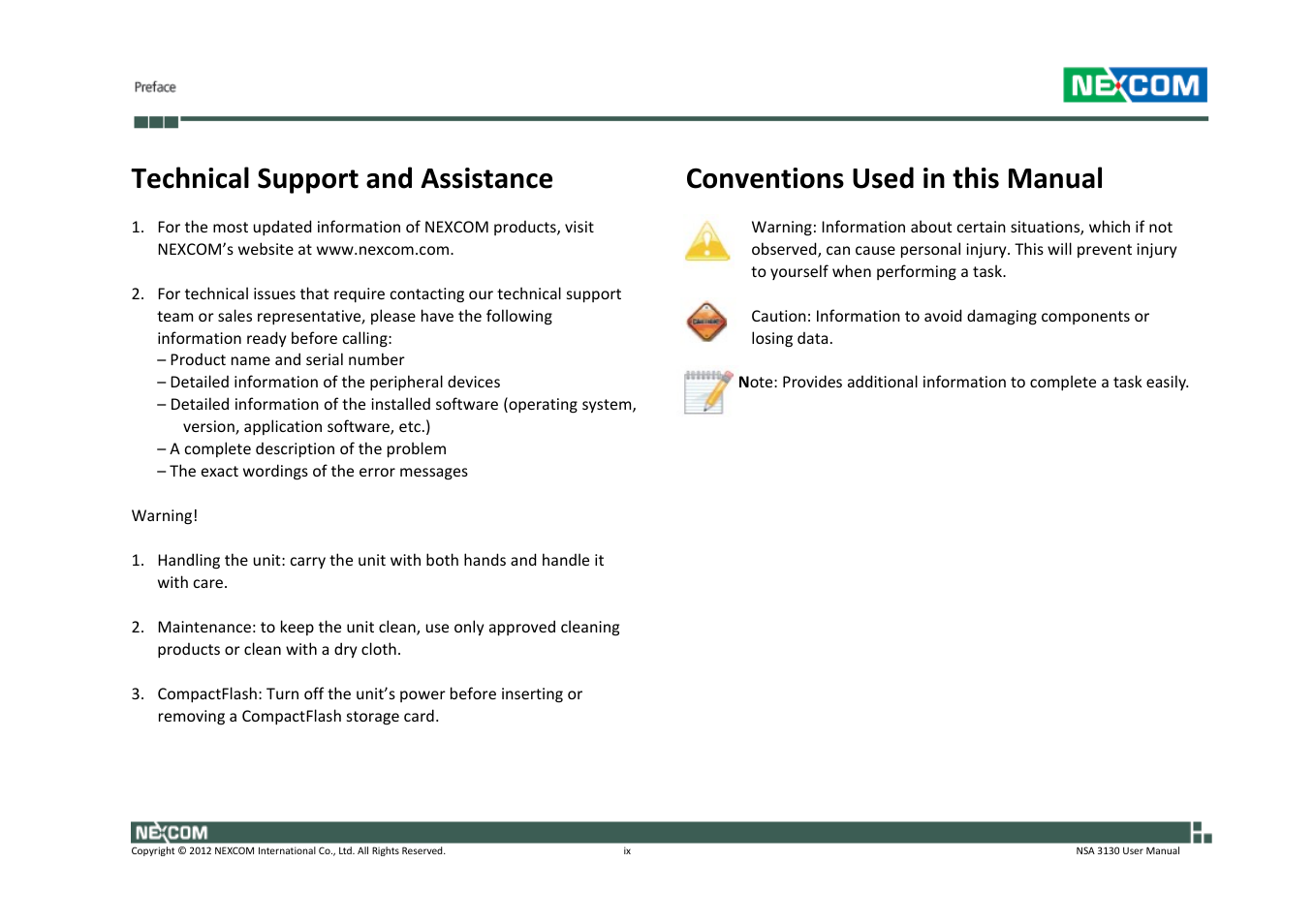 Technical support and assistance, Conventions used in this manual | NEXCOM NSA 3130 User Manual | Page 9 / 96