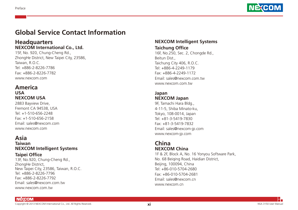 Global service contact information, Headquarters, America | Asia, China | NEXCOM NSA 3150 User Manual | Page 11 / 71