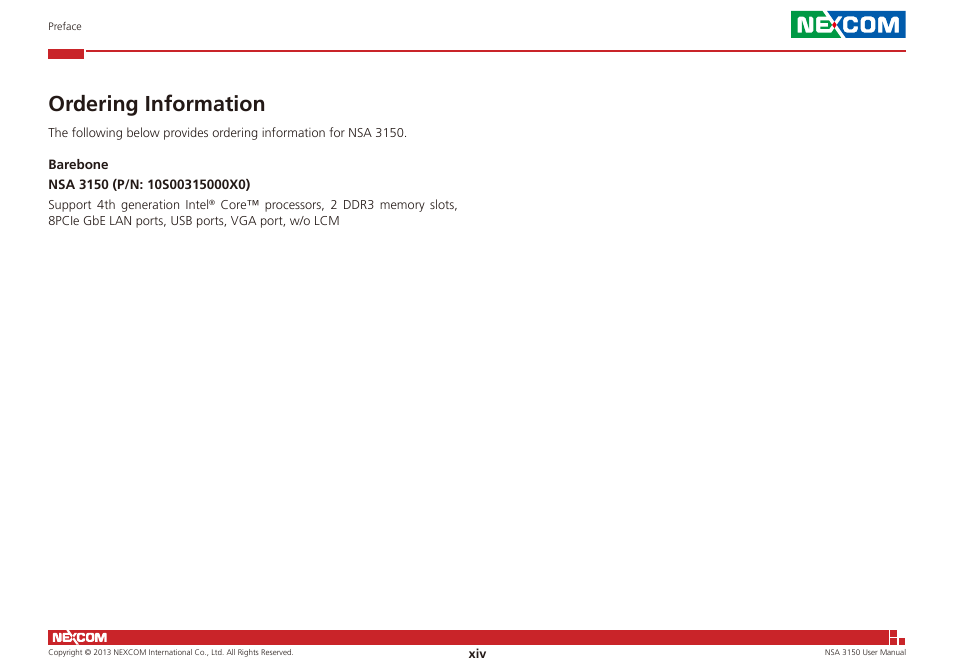Ordering information | NEXCOM NSA 3150 User Manual | Page 14 / 71