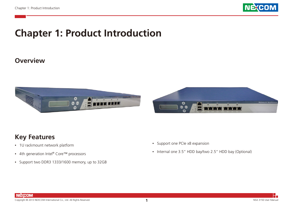 Chapter 1: product introduction, Overview key features, Key features | Overview | NEXCOM NSA 3150 User Manual | Page 15 / 71