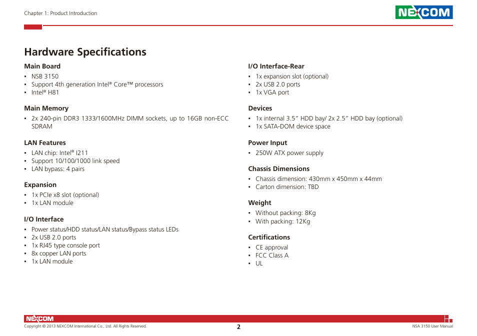 Hardware specifications | NEXCOM NSA 3150 User Manual | Page 16 / 71