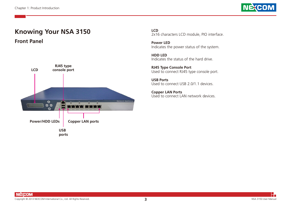 Knowing your nsa 3150, Front panel | NEXCOM NSA 3150 User Manual | Page 17 / 71