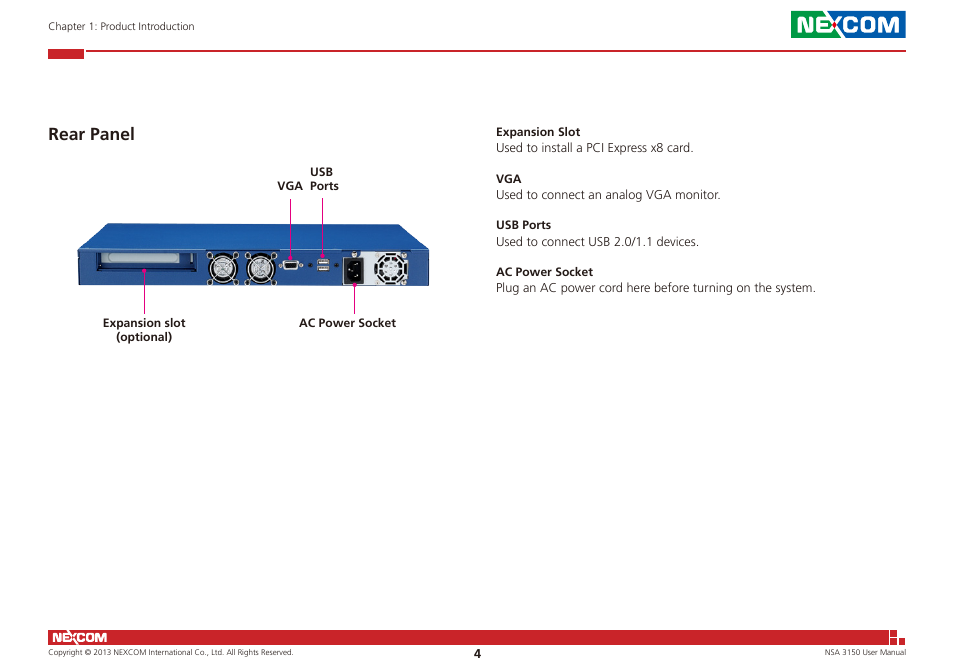 Rear panel | NEXCOM NSA 3150 User Manual | Page 18 / 71