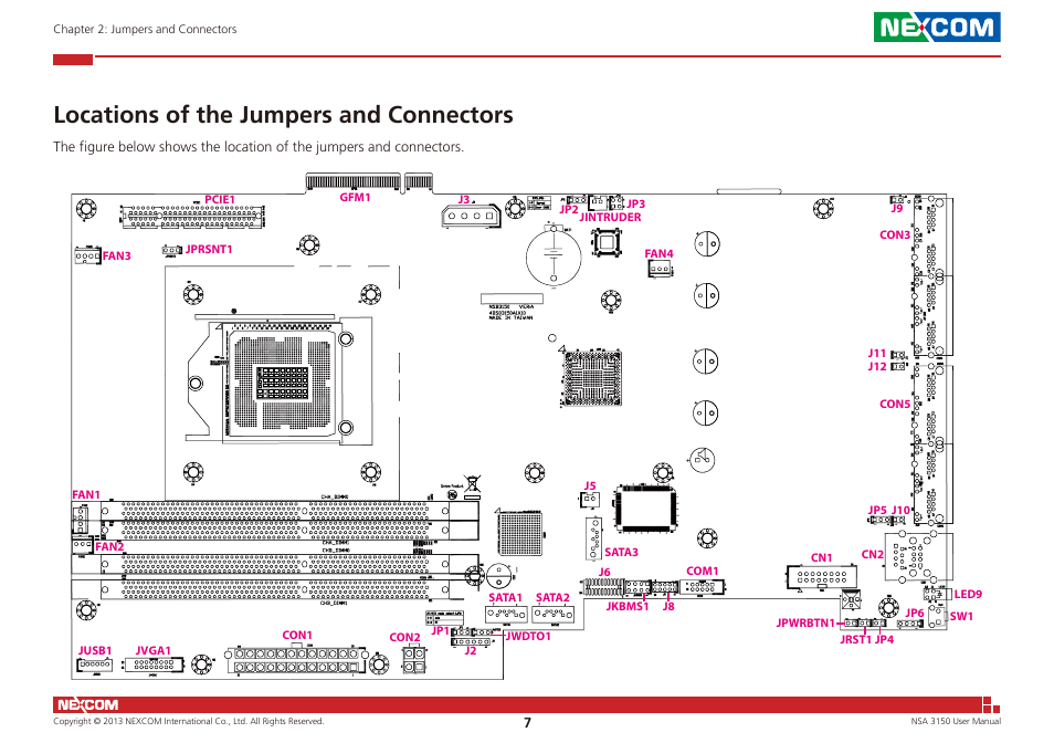 Locations of the jumpers and connectors | NEXCOM NSA 3150 User Manual | Page 21 / 71