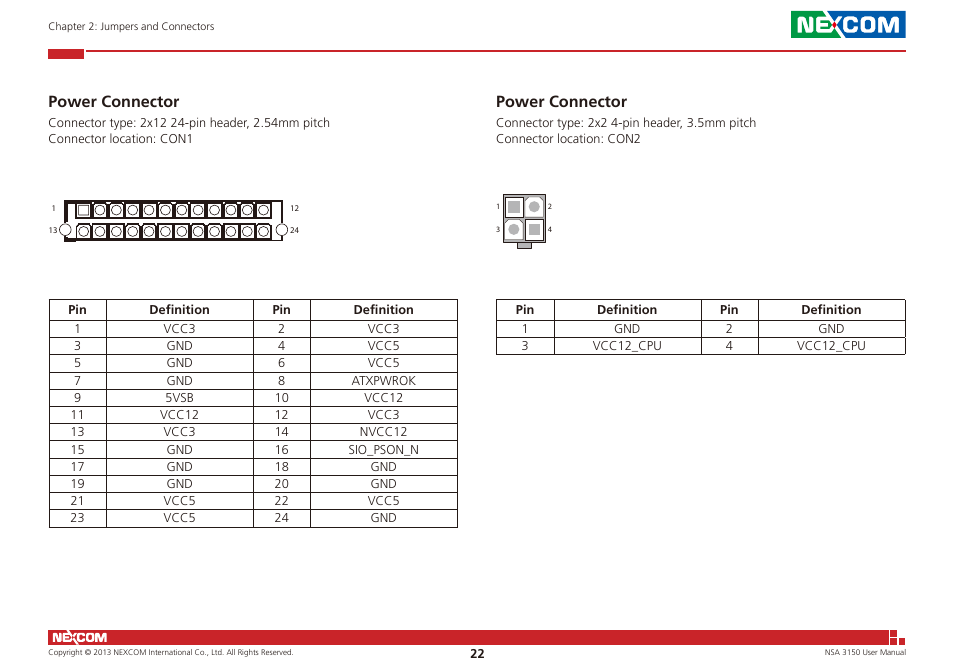 Power connector power connector, Power connector | NEXCOM NSA 3150 User Manual | Page 36 / 71