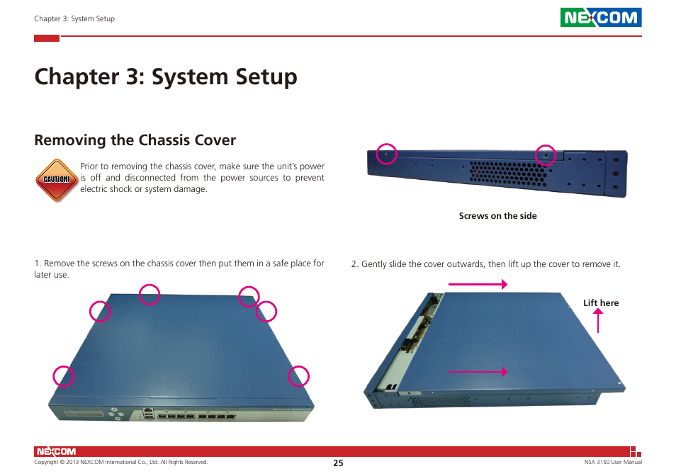 Chapter 3: system setup, Removing the chassis cover | NEXCOM NSA 3150 User Manual | Page 39 / 71