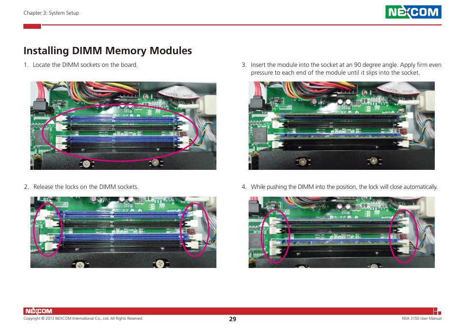 Installing dimm memory modules | NEXCOM NSA 3150 User Manual | Page 43 / 71