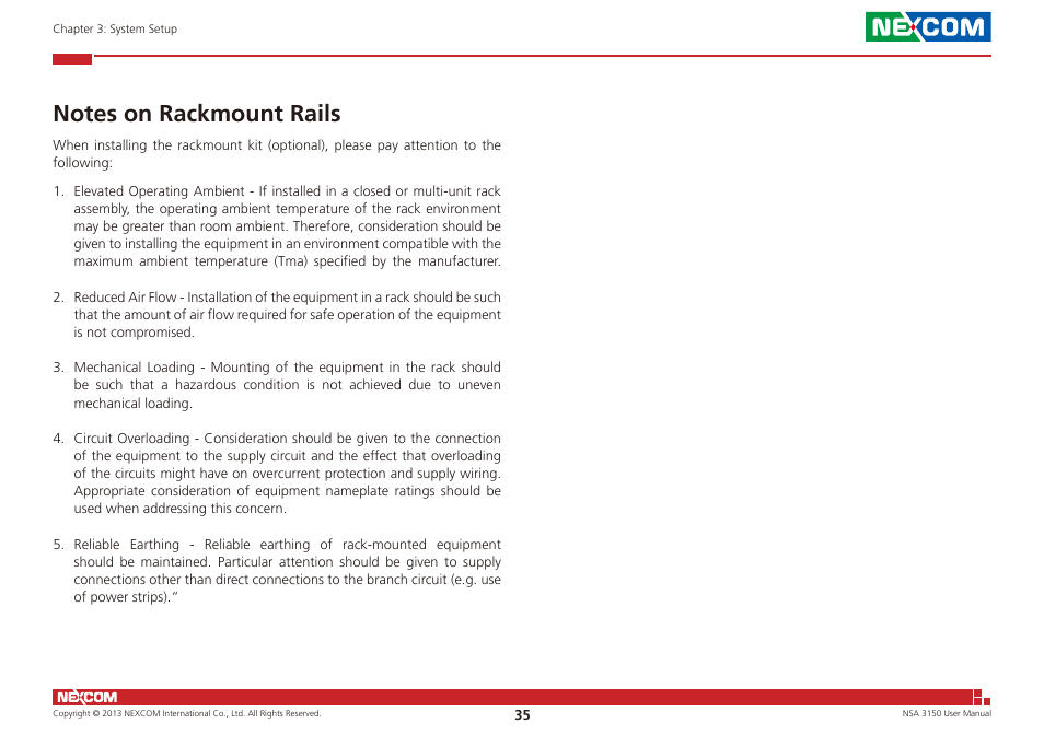 Notes on rackmount rails | NEXCOM NSA 3150 User Manual | Page 49 / 71