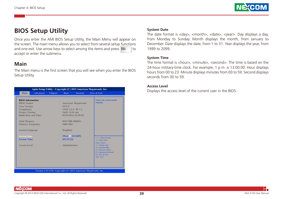 Bios setup utility, Main | NEXCOM NSA 3150 User Manual | Page 53 / 71