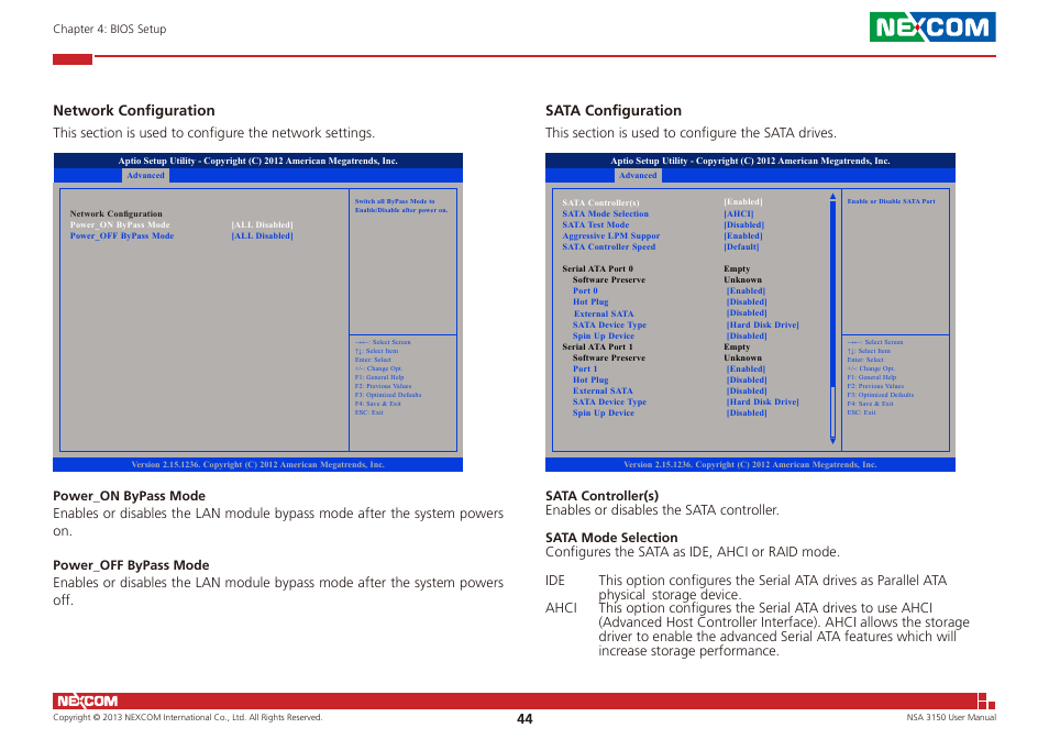 Network configuration, Sata configuration | NEXCOM NSA 3150 User Manual | Page 58 / 71