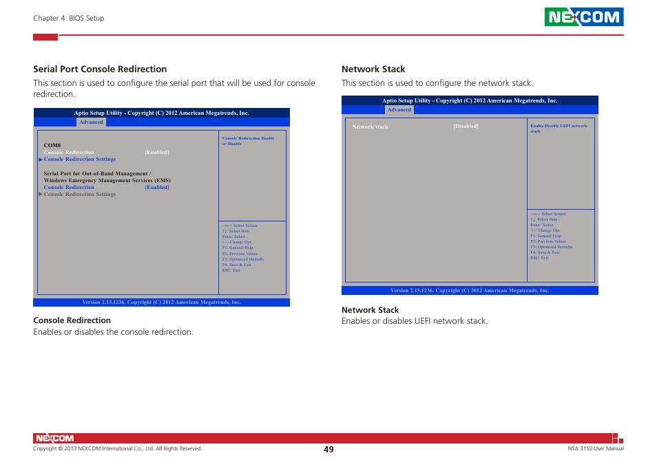 Serial port console redirection, Network stack | NEXCOM NSA 3150 User Manual | Page 63 / 71