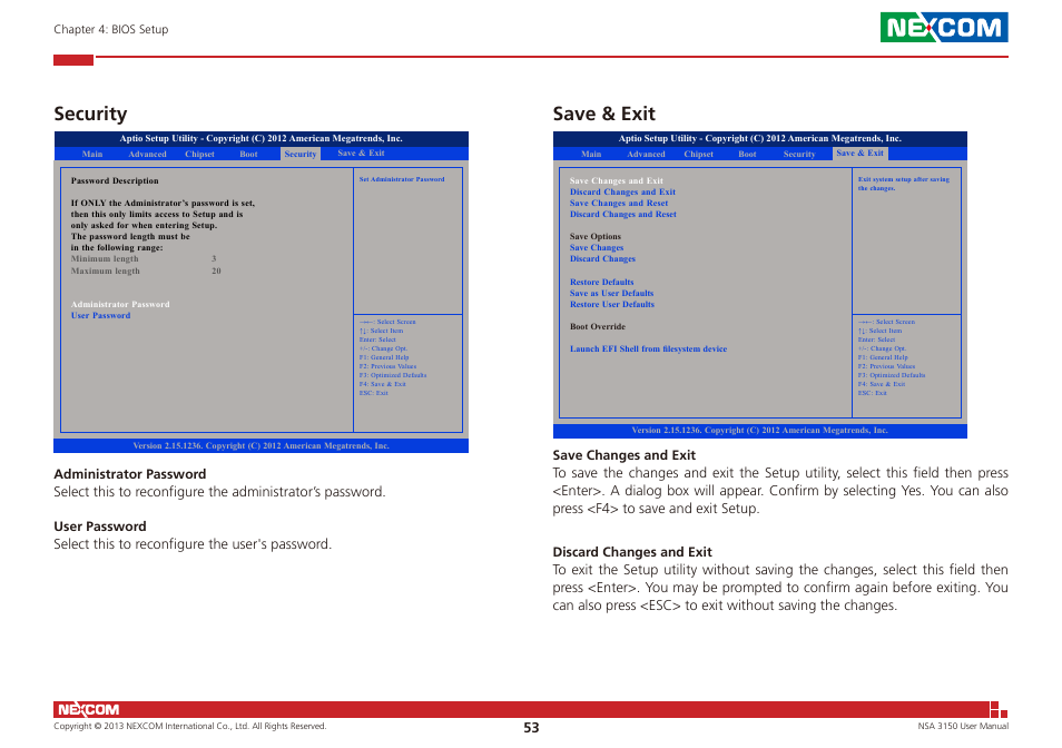 Security save & exit, Security, Save & exit | NEXCOM NSA 3150 User Manual | Page 67 / 71