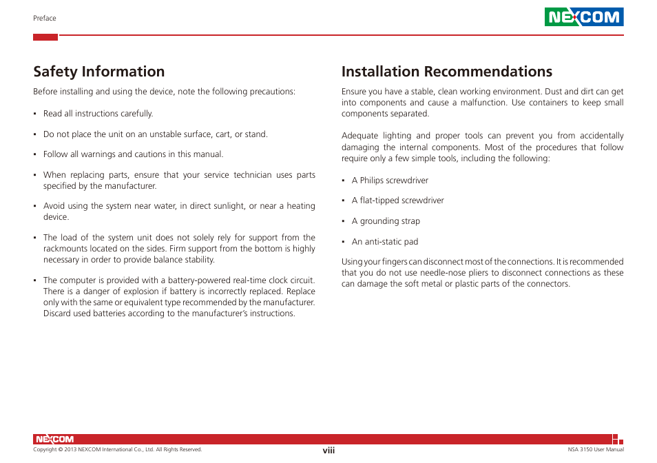 Installation recommendations, Safety information | NEXCOM NSA 3150 User Manual | Page 8 / 71