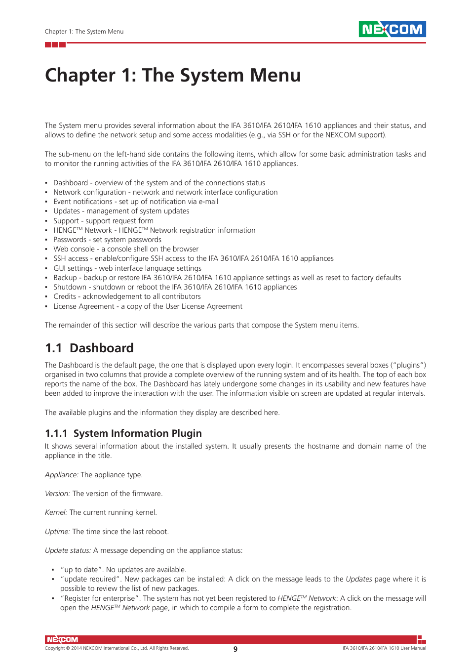 Chapter 1: the system menu, 1 dashboard, 1 system information plugin | NEXCOM IFA 1610 User Manual | Page 12 / 88