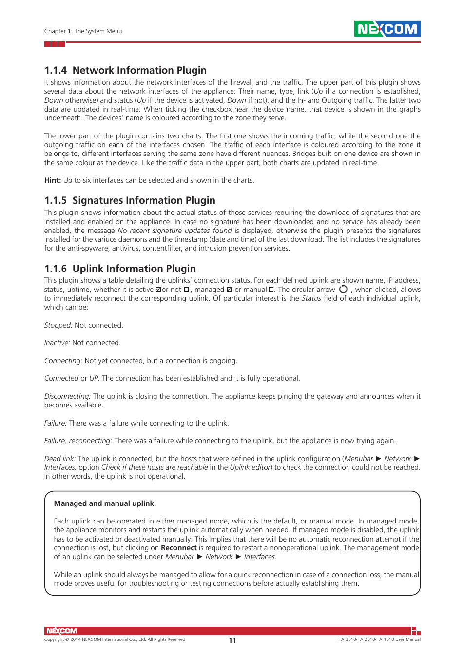 4 network information plugin, 5 signatures information plugin, 6 uplink information plugin | NEXCOM IFA 1610 User Manual | Page 14 / 88