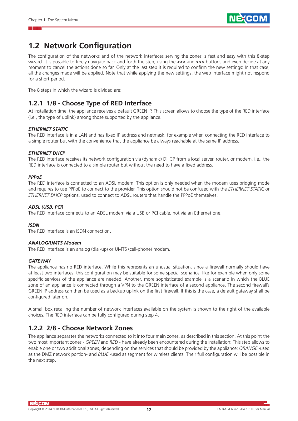 2 network configuration, 1 1/8 - choose type of red interface, 2 2/8 - choose network zones | NEXCOM IFA 1610 User Manual | Page 15 / 88