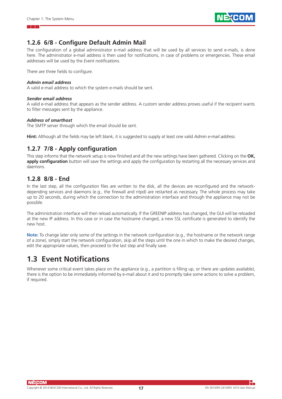 6 6/8 - configure default admin mail, 7 7/8 - apply configuration, 8 8/8 - end | 3 event notifications | NEXCOM IFA 1610 User Manual | Page 20 / 88