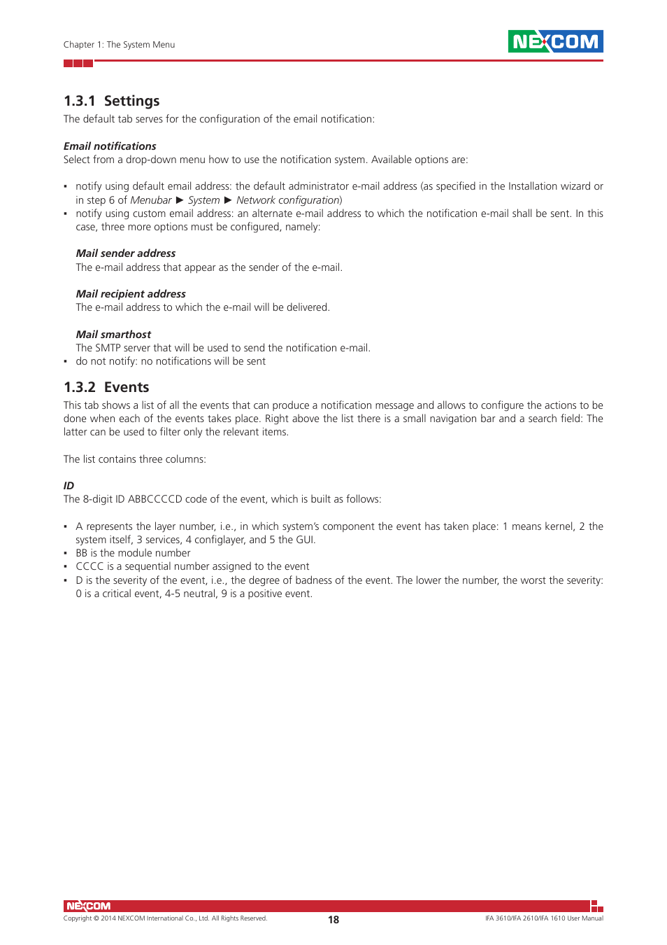 1 settings, 2 events, 1 settings 1.3.2 events | NEXCOM IFA 1610 User Manual | Page 21 / 88