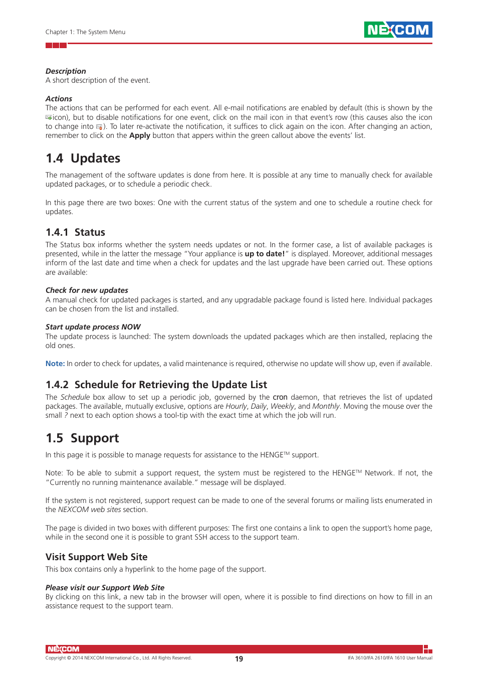 4 updates, 1 status, 2 schedule for retrieving the update list | 5 support, Visit support web site | NEXCOM IFA 1610 User Manual | Page 22 / 88