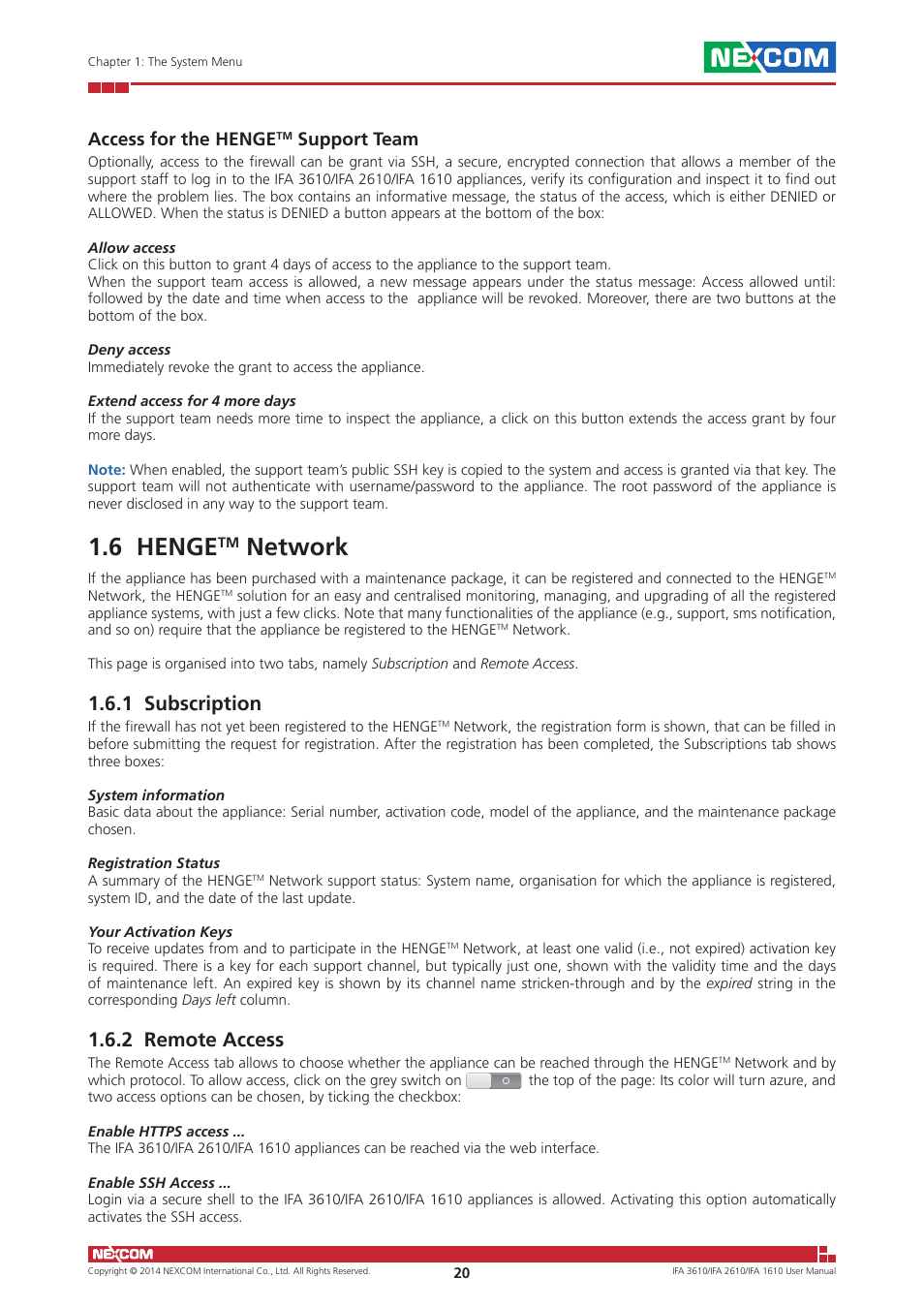 6 hengetm network, 1 subscription, 2 remote access | 6 henge, Network, 1 subscription 1.6.2 remote access, Access for the henge, Support team | NEXCOM IFA 1610 User Manual | Page 23 / 88