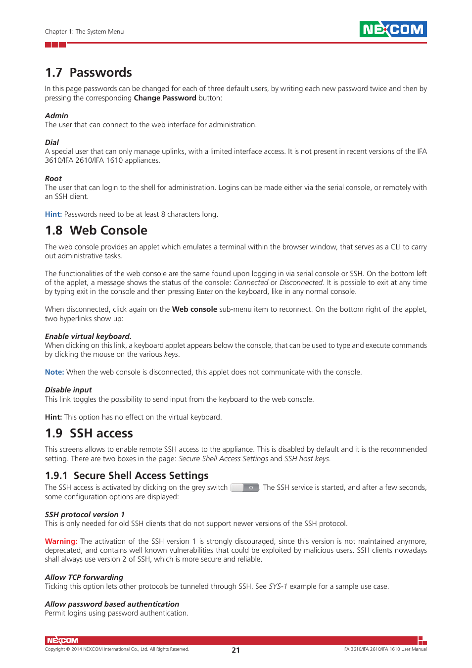 7 passwords, 8 web console, 9 ssh access | 1 secure shell access settings, 7 passwords 1.8 web console 1.9 ssh access | NEXCOM IFA 1610 User Manual | Page 24 / 88