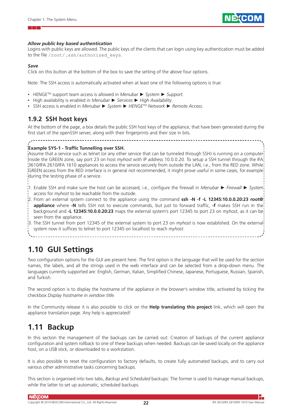 2 ssh host keys, 10 gui settings, 11 backup | 10 gui settings 1.11 backup | NEXCOM IFA 1610 User Manual | Page 25 / 88